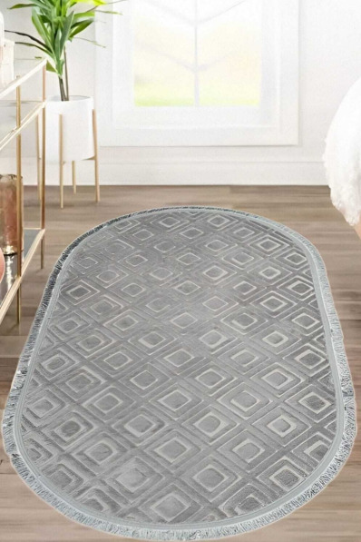 Diamond Oval Gri Yolluk Yumuşak Doku, Yıkanabilir Halı